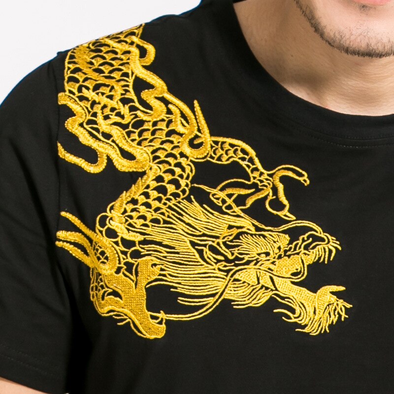 Men's Golden Dragon Embroidered Chinese Cotton T-Shirt