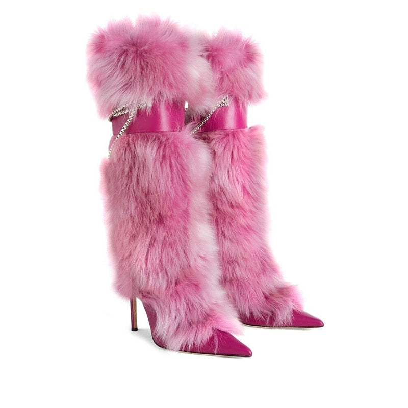 Cowhide Pink ONLY 10cm Knee High Fox Fur Metal Chain Pointed Boots