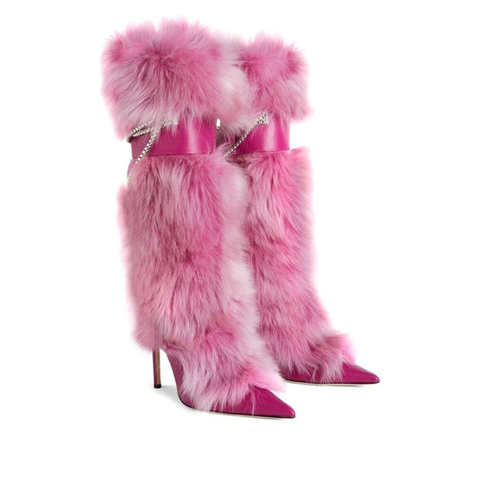 Cowhide Pink ONLY 10cm Knee High Fox Fur Metal Chain Pointed Boots