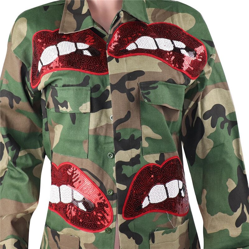 Sequin Hot Red Lip Print Camouflage Women's Button-Up Pocket Jean Jacket to 3X Plus