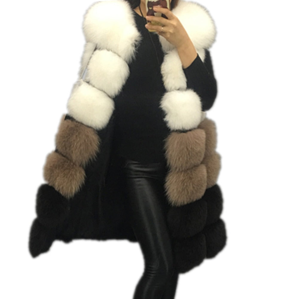 Women's Colorblock Long Faux Fur Vest Coat