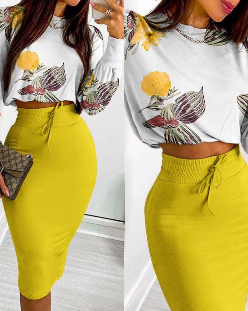 O-Neck Printed Long Sleeve Top & Drawstring Shirred Midi Skirt 2-Piece Set