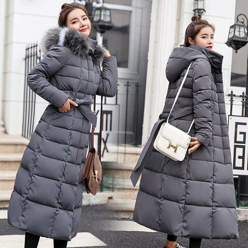 Quilted Hooded Goose Down Women's Bow Belt Fox Fur Collar Trenchcoat