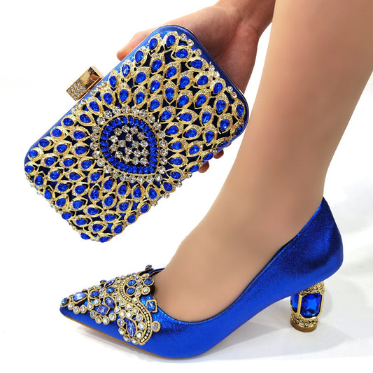 Italian Women's Catwalk Heels Pointed Rhinestone Embroidered Party Shoes & Bag Set