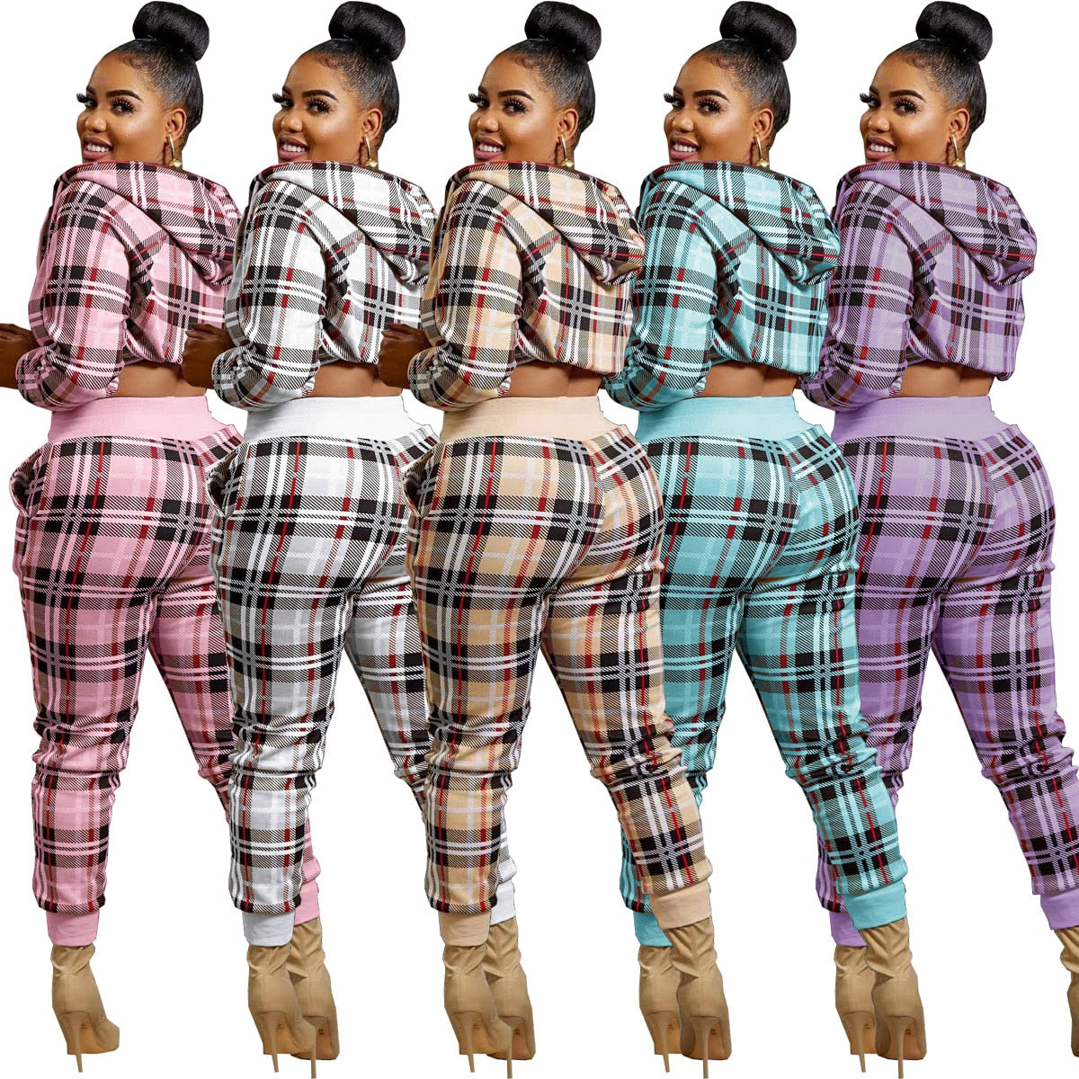 Plaid Ladies Long Sleeve Cropped Zipper Jacket + Matching Sweatpants Tracksuit to 3X Plus Size