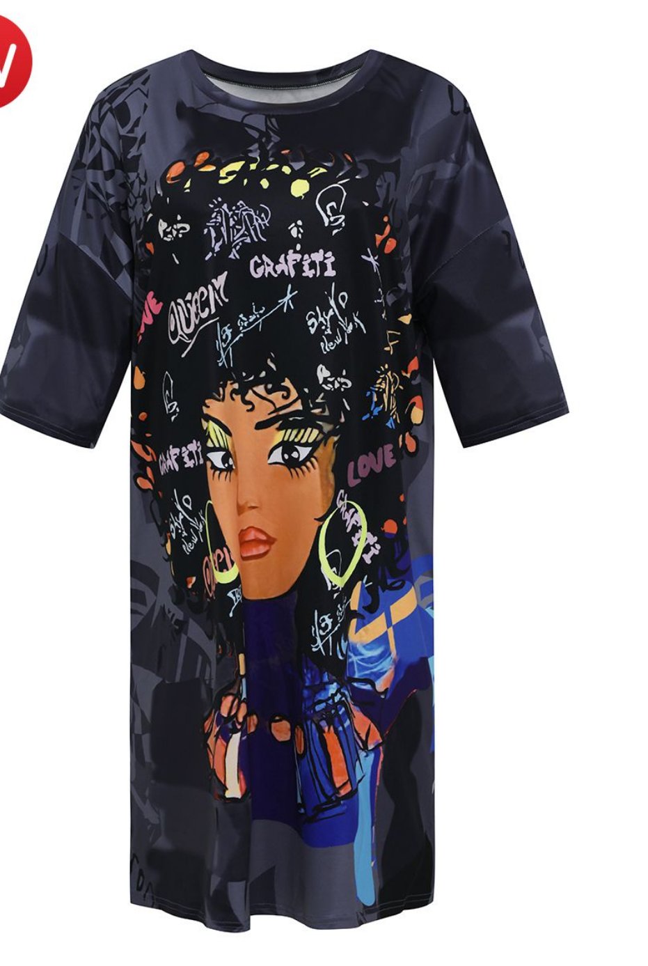 Dropped Shoulder Graffiti Print Mini Terylene O-Neck T-Shirt Dress