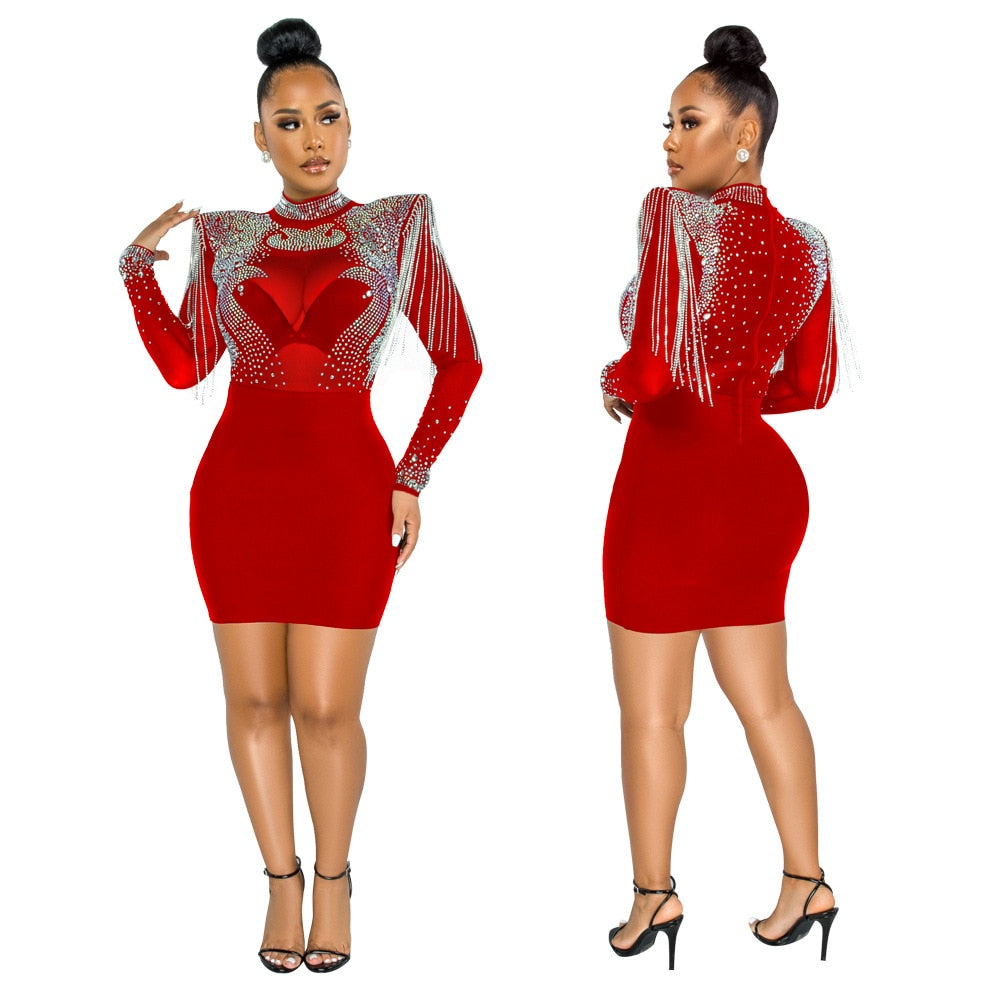 High Collar Hot Drill Mesh Shoulder Long Sleeve Jumpsuits OR Dresses Plus to 2X