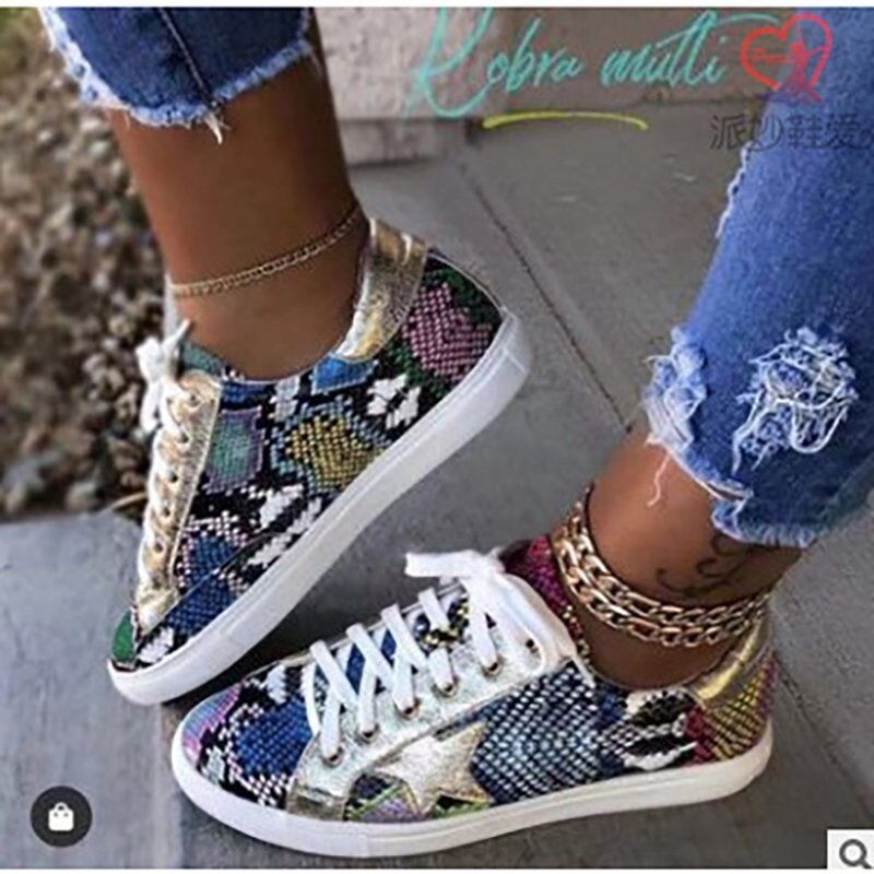 Women's Serpentine Snake Print PU Leather Vulcanized Sneakers