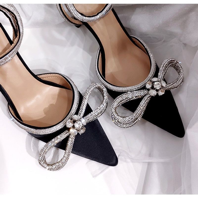 Bowknot Satin Glitter Rhinestone High Heel Pumps