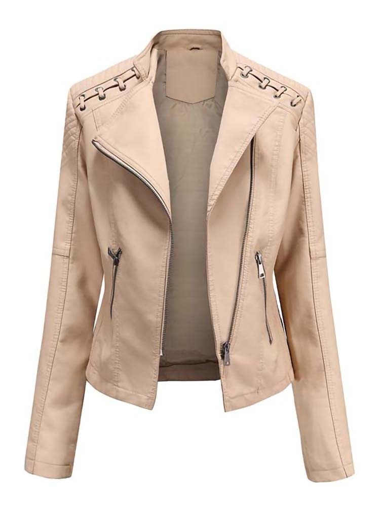 Faux Leather Ladies Zipper Slim Biker Motorcycle Jacket