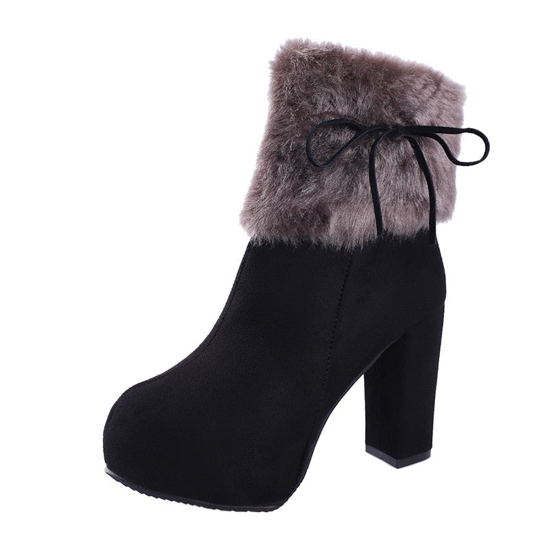 Plush Furry Platform Round Toe Square Heel Ankle Boots