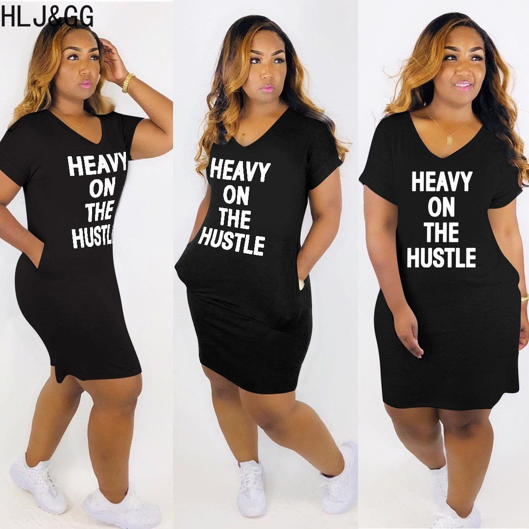 "Heavy On The Hustle" V-Neck Oversized T-Shirt Dress w/ Pockets to 3X Plus Size