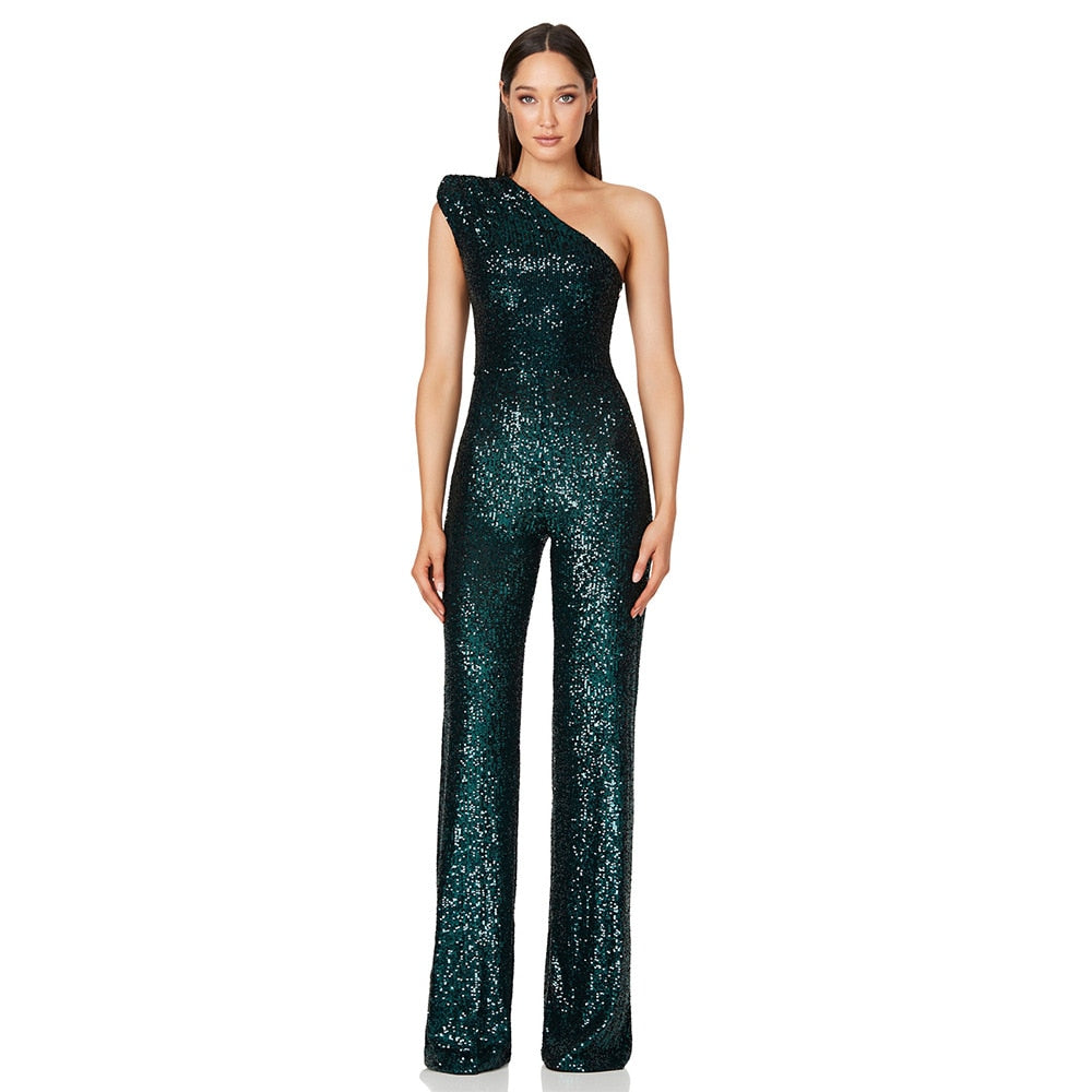 Glitter Asymmetrical Sequin V-Neck One Shoulder Wide Leg Jumpsuit