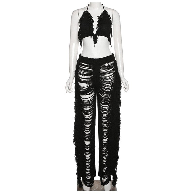 Tassel Cut-Out Fringe Knit Bra & Matching Pants 2-Piece Set