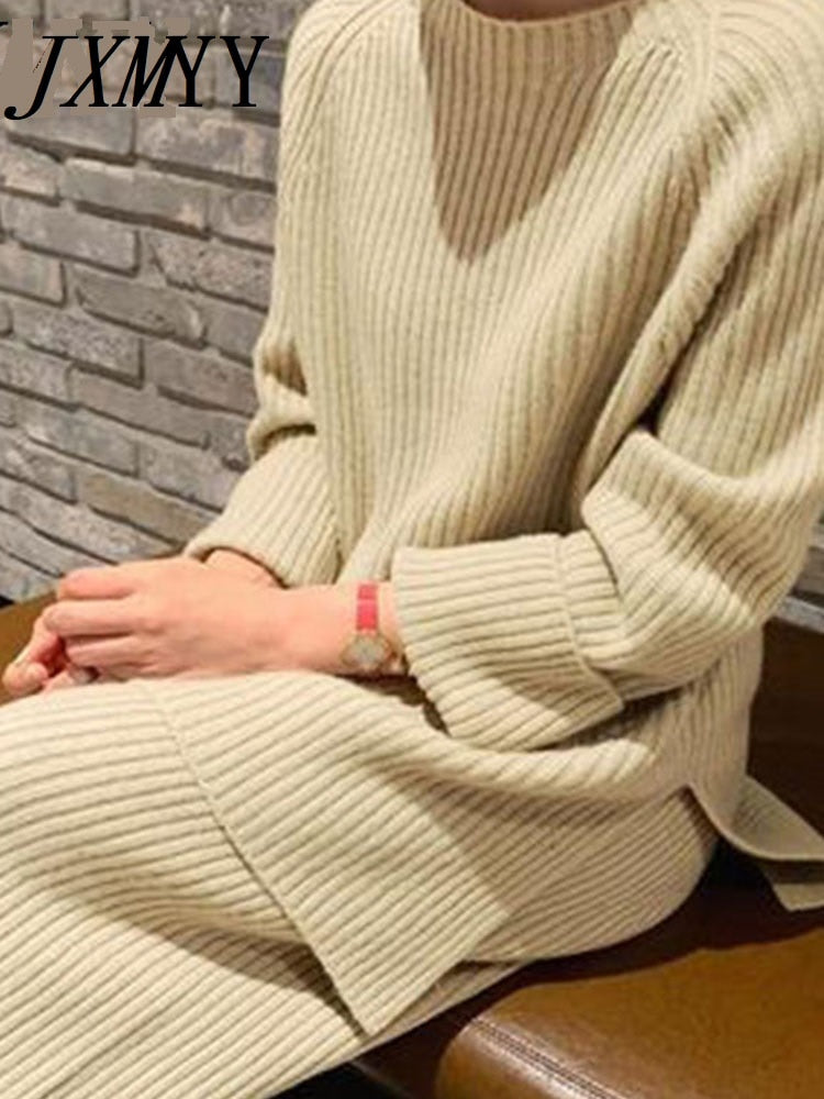 Knitted Pullover Sweater  + High Waist Loose Wide Leg Pants 2-Piece Set