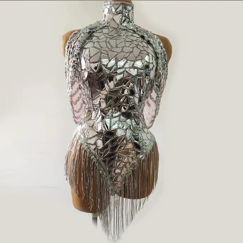 Mirror Metallic Silver Sequin Backless Dance Stage Performance Costume Bodysuit