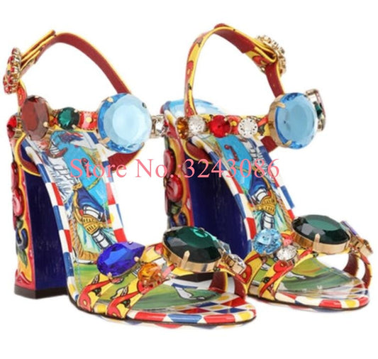 Crystal Chunky Heel Mixed Color Diamond Beach Sandals