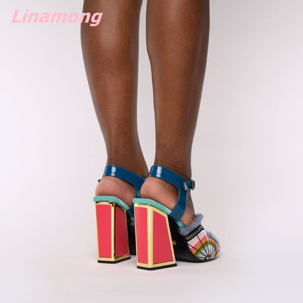 Multi-Color Patchwork Genuine Leather Silk Spike Heels Open Toe Buckle Strap Sandals