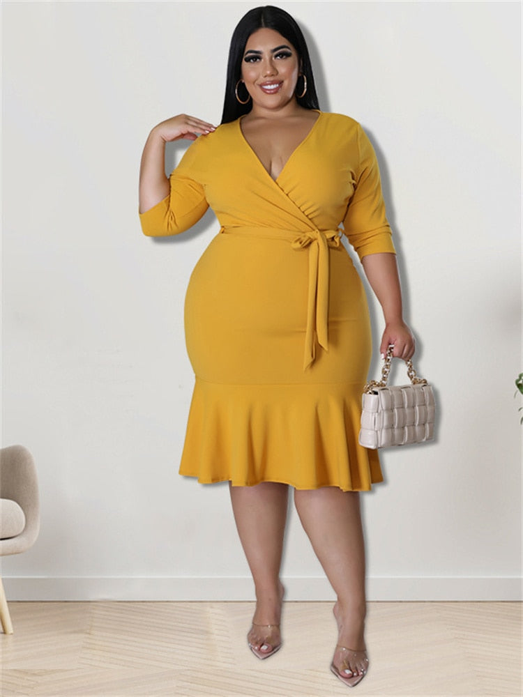 Ruffled Hem Solid Deep V-Neck Bandage Plus Size Midi Dress to 4X