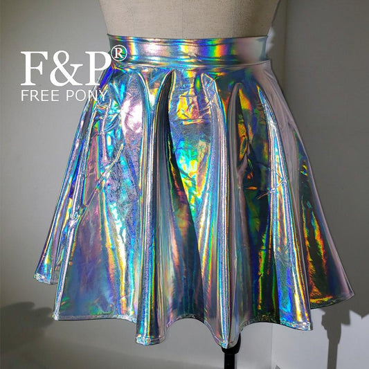 Faux Leather Silver Holographic Metallic Silver High Waisted Flared Mini Skirt