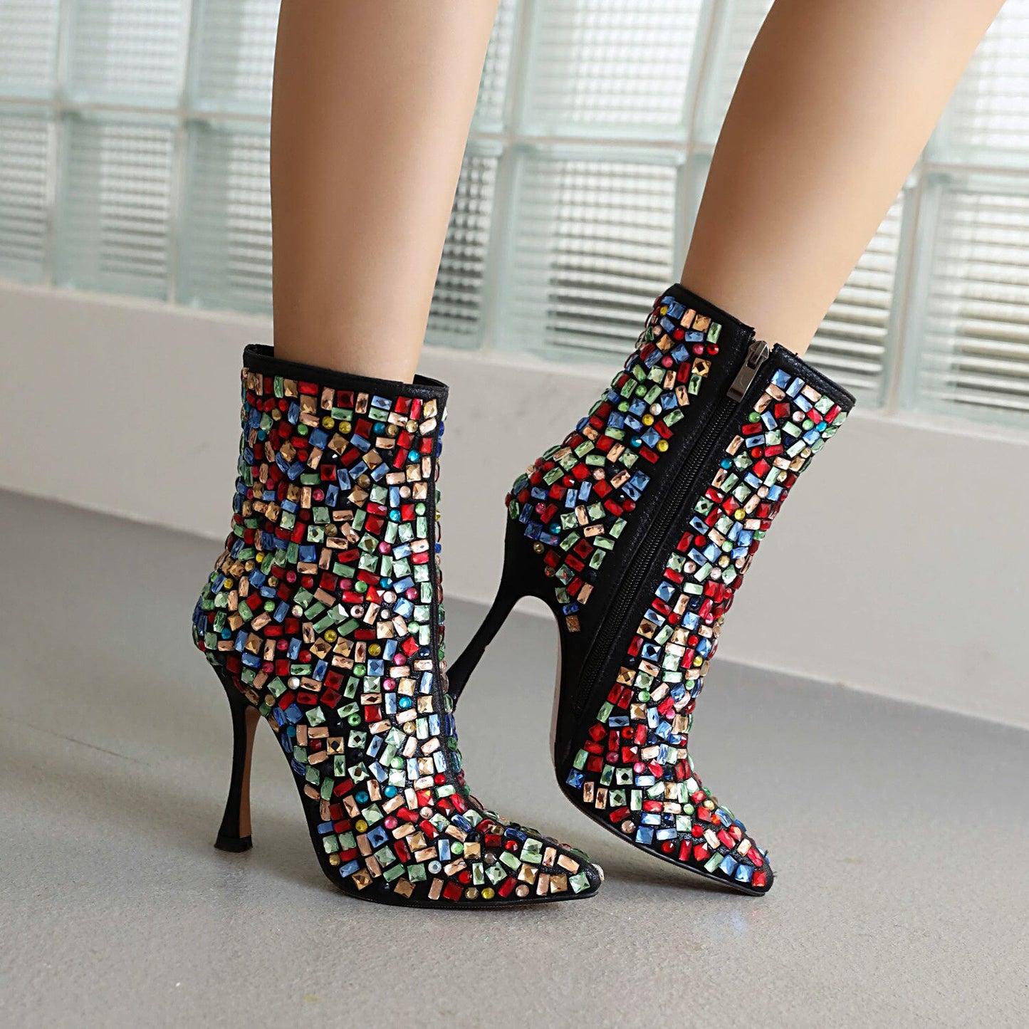 Pearl Studded Colored Rhinestone Round Toe Stiletto Ladies Ankle Boots