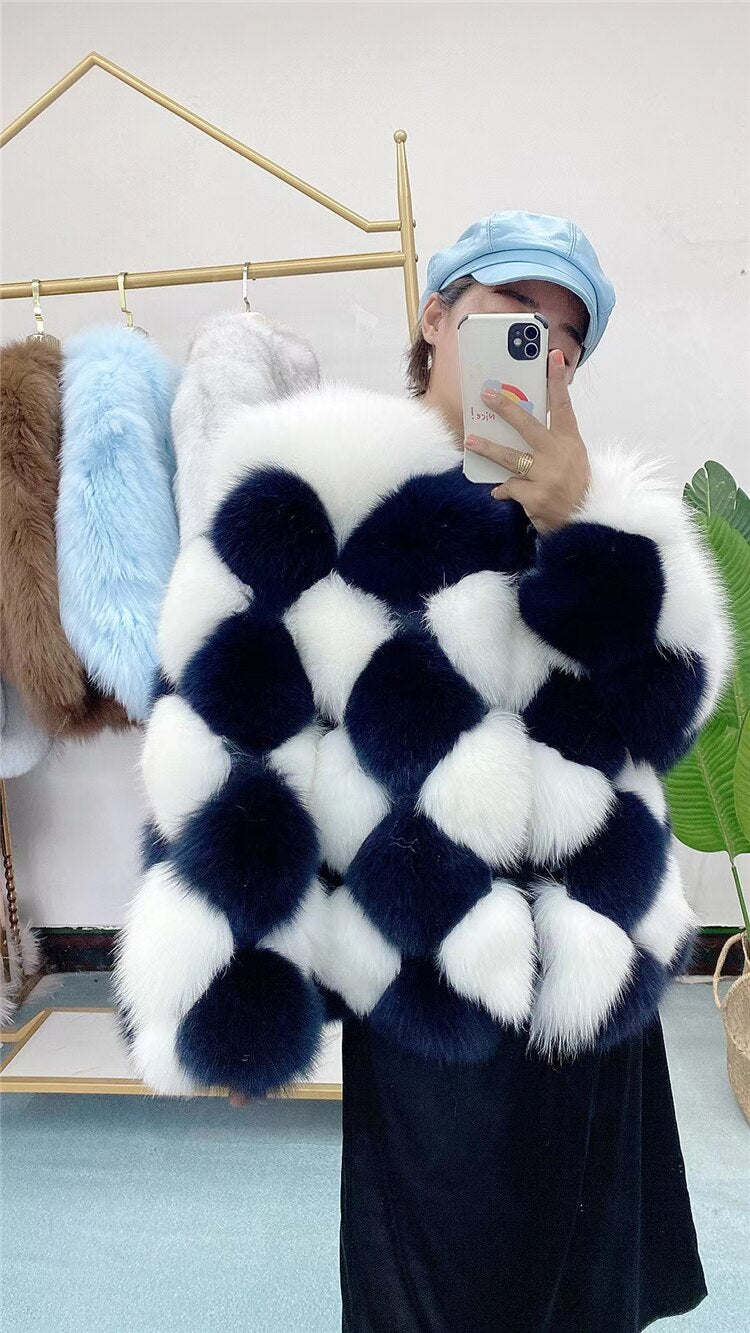 REAL FOX FUR Ladies Plaid Checkerboard Pattern Jacket