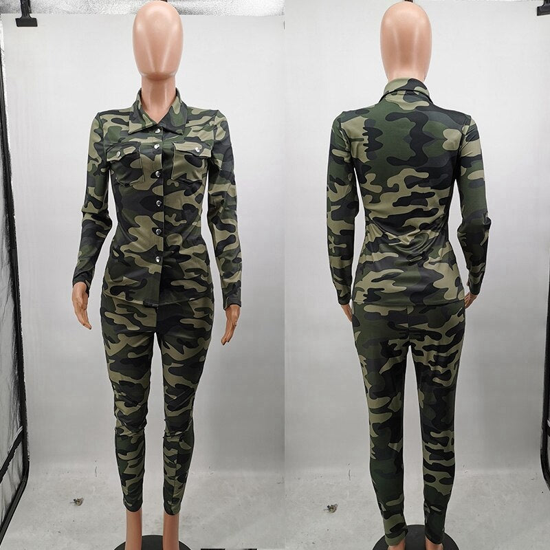 Camoflauge Long Sleeved Button Up Blouse & Matching Pants 2-Piece Set