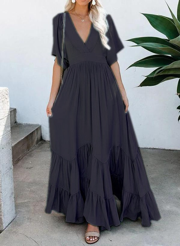 Tiered Vintage Pleated Solid Deep V-Neck Short Sleeve Maxi Dress