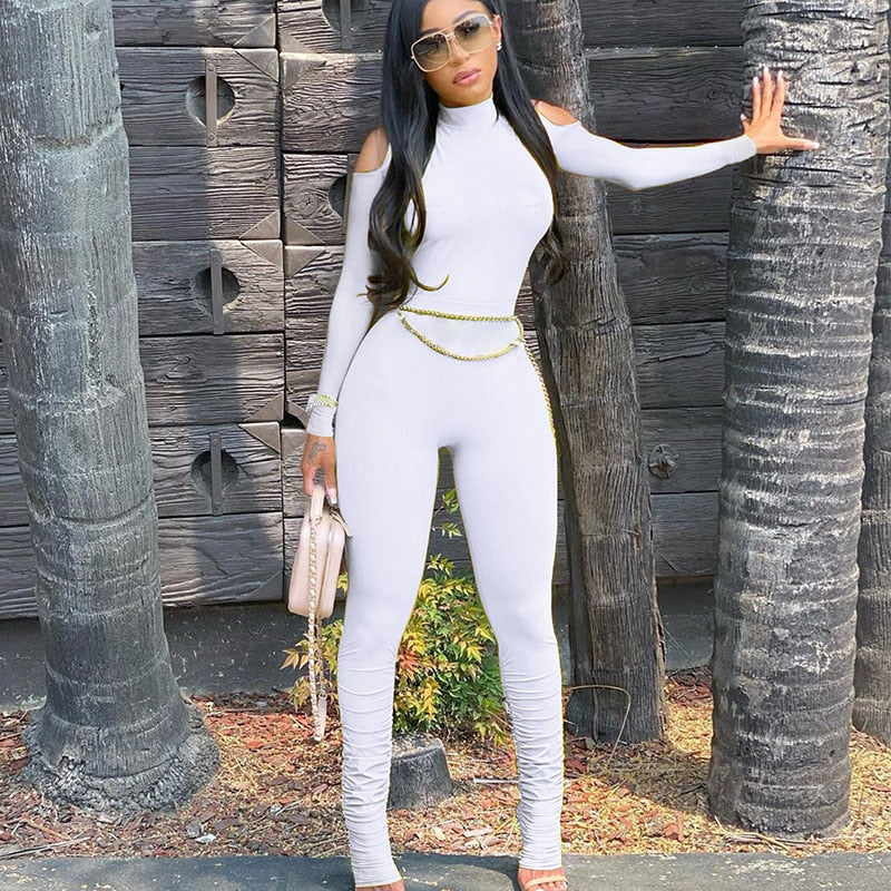 Open Shoulder Bandage Bodycon Long Sleeve Stacked Pant Jumpsuit