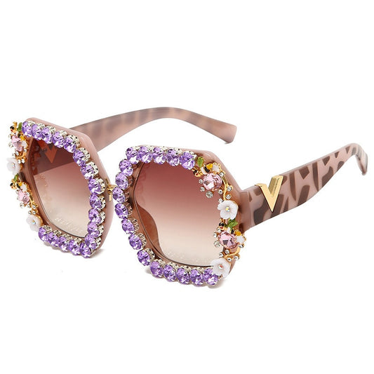 Floral Square Rhinestone Diamond Bling Sunglasses