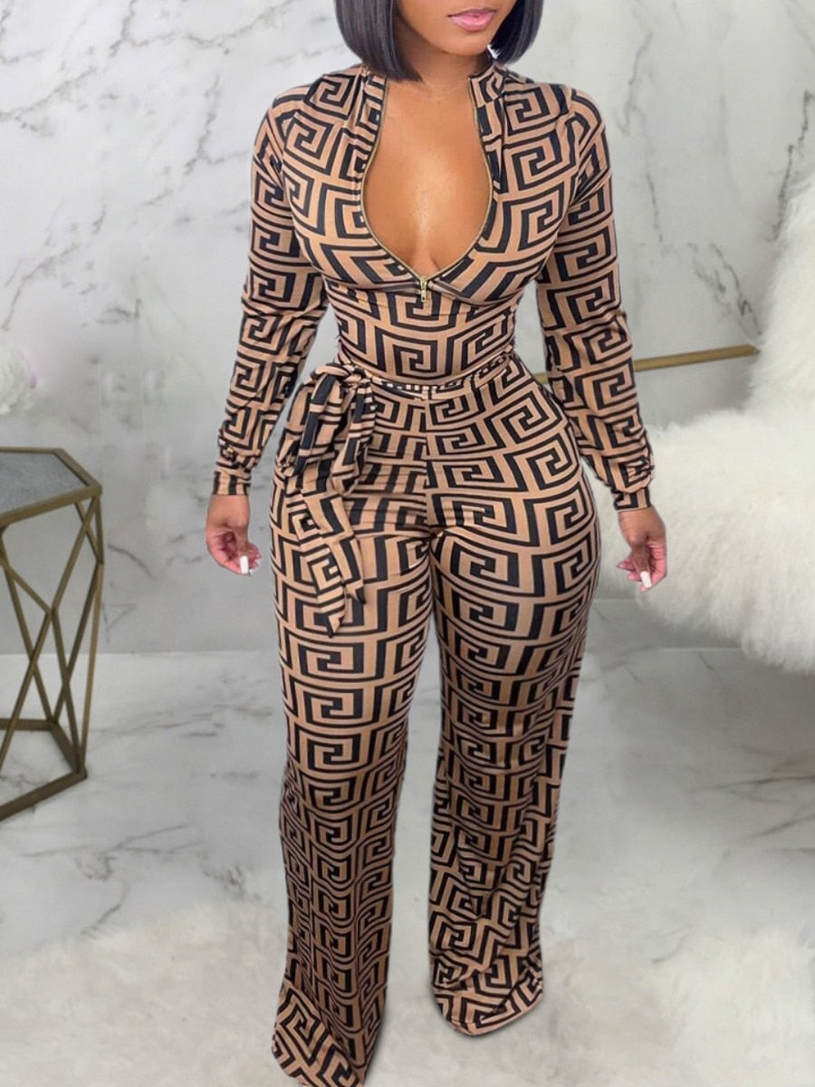 Geometric Print Wide Leg Deep V-Neck Loose Bandage Long Sleeved Jumpsuits Plus to 5X