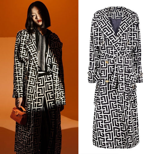 Jacquard Geometric Print Women's Turn-Down Collar Trenchcoat w/ Belt to 3X Plus Size