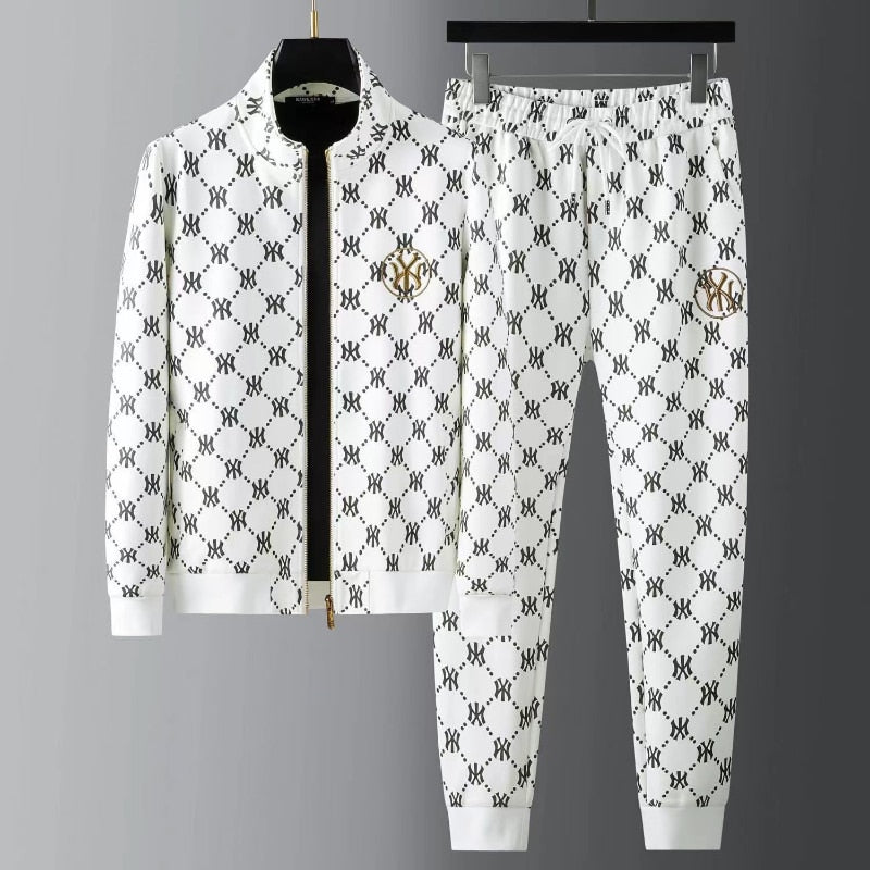 Men's Designer Monogram Print O-Neck Long Sleeve Zipper Jacket + Matching Sweatpants Tracksuit