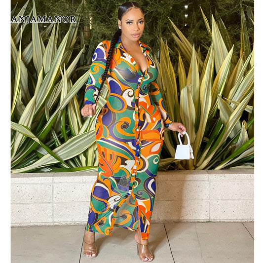 Print Mesh Sheer Bodycon Button Up Long Sleeve Maxi Dress