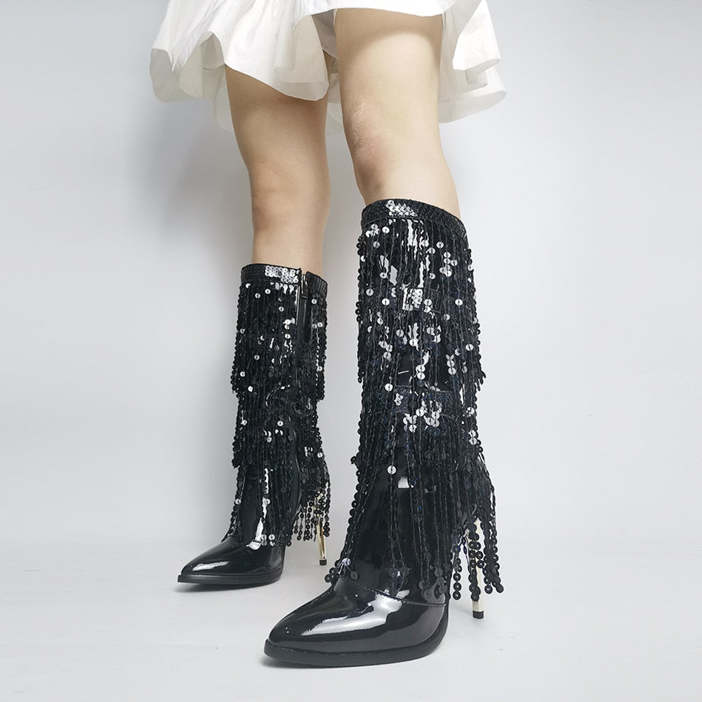 Mirror Metallic Fringe Tassel Detail Glitter Pointed Toe Mid-Calf Women's Boots