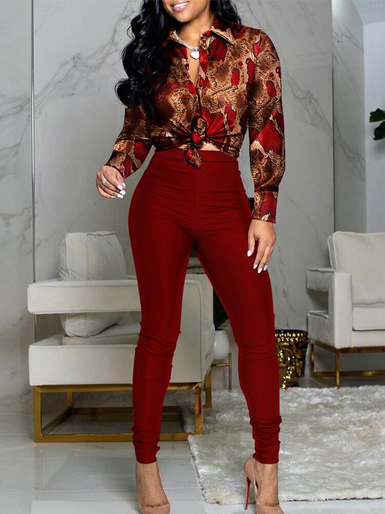 Roll Up Sleeve Button Down Shirt & Pants Ladies 2-Piece Set