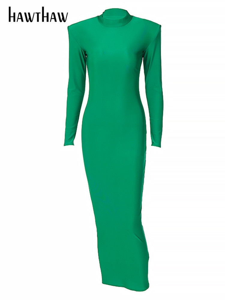 Shoulder Padded Long Sleeve Bodycon Club Maxi Dress