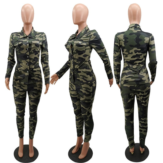 Camoflauge Long Sleeved Button Up Blouse & Matching Pants 2-Piece Set