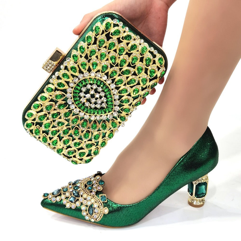 Italian Women's Catwalk Heels Pointed Rhinestone Embroidered Party Shoes & Bag Set