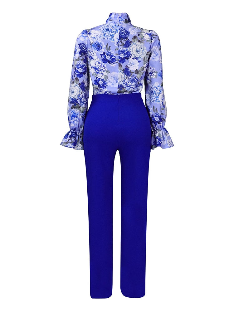 Printed Long Sleeve  Blouse + High Waist Trouser Slacks 2-Piece Set