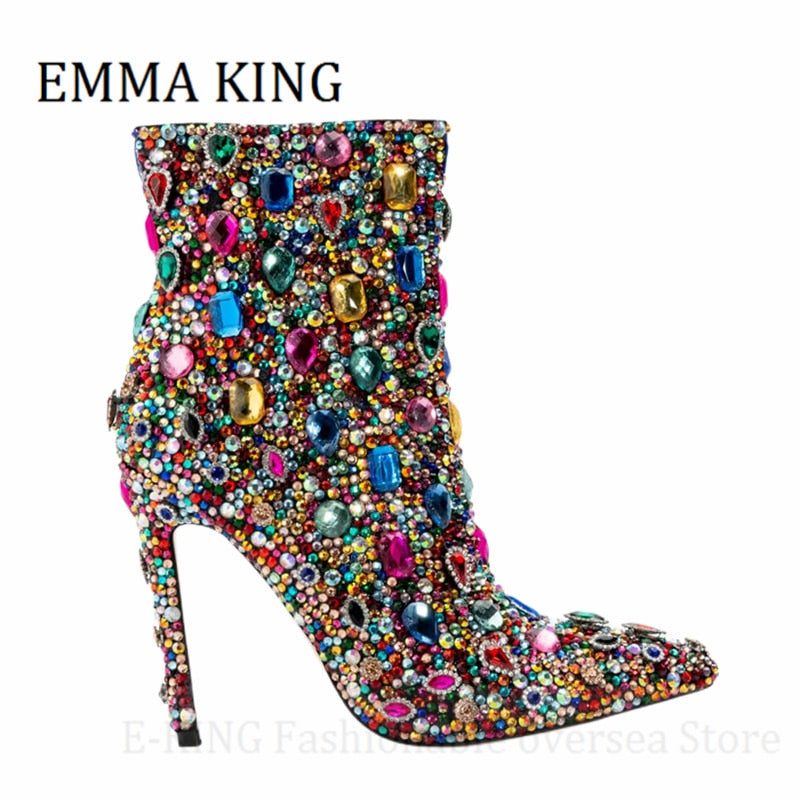 Multicolor Crystal Rhinestone Stiletto Heel Cocktail Ladies Ankle Boots