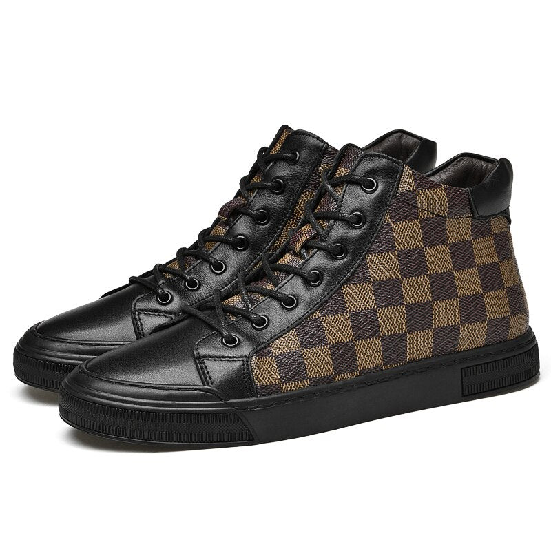 Checkered Pattern Genuine Leather Men's Ankle Boots