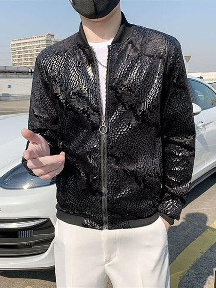 Men's Sequined Shiny Long Sleeve Glitter Zipper Bomber Jacket