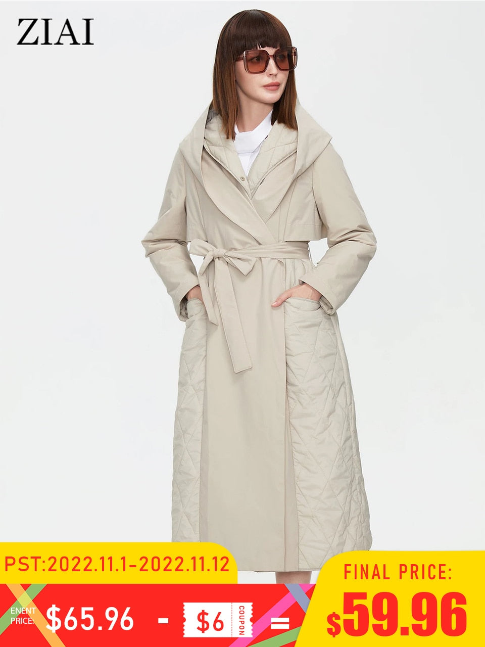 Quilted Long Thin Cotton Trench Coat Hooded Belt Windbreaker Trench Coat