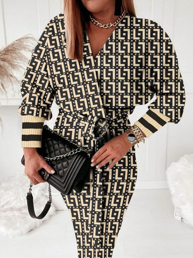 Geometric Print Long Sleeve Belted Midi Wrap Dress