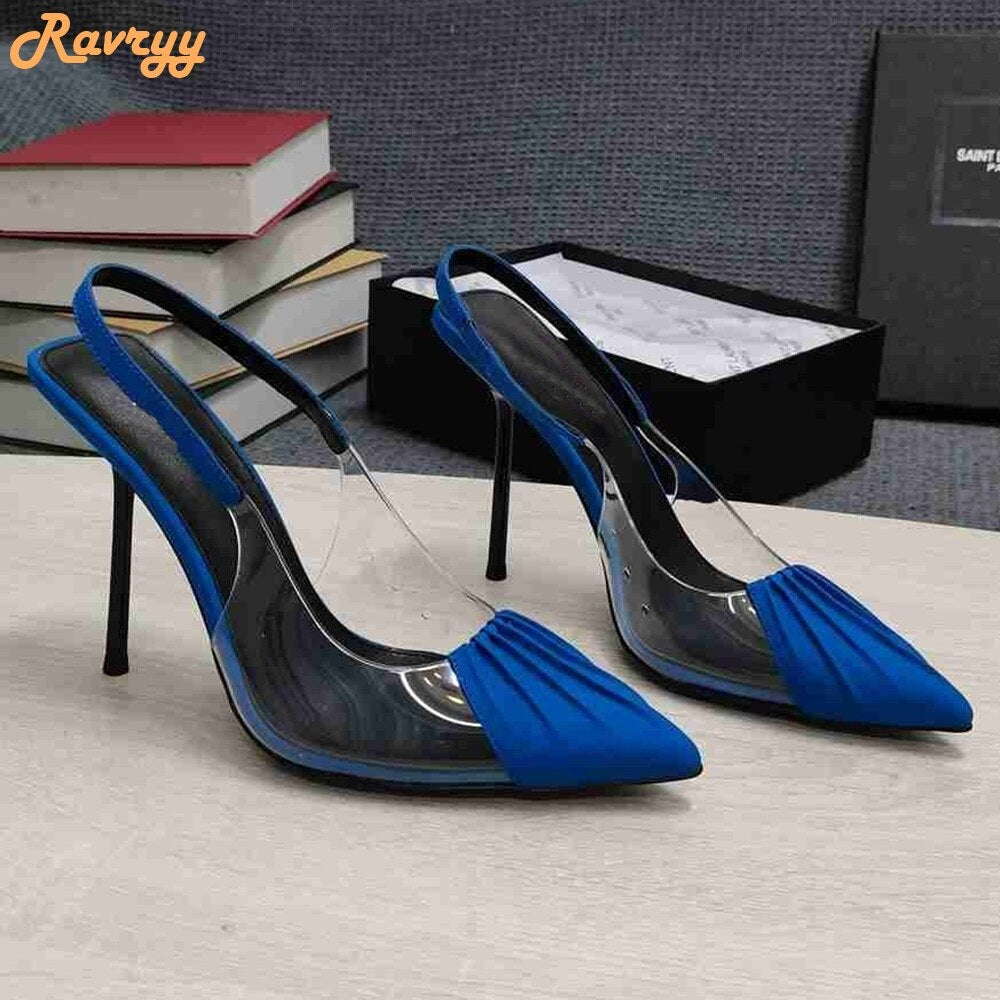 PVC Cover Pointed Toe Patent Leather Pleated Stiletto Heel Back Strap Sandal Pumps