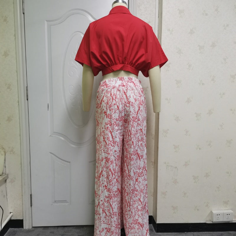 Floral Mid Sleeve Print V-Neck Blouse + Wide Leg Pant Streetwear 2-Piece Set