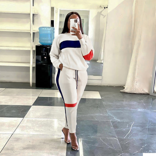 Striped Colorblock Plus Size Ladies Pullover Sweatshirt + Jogger Pants Tracksuit to 3X