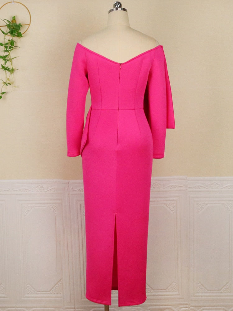 Hot Pink Oversized Bow Detail Bare Shoulder Long Sleeve Bodycon Dress to 3X