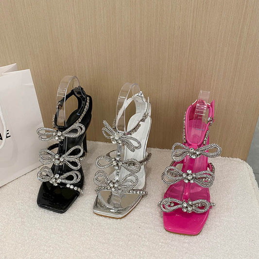 Rhinestone Bow Stiletto PU Thin Strap Sandals